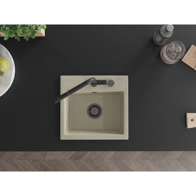 Mexen Milo lavello da cucina in granito a 1 vasca con rubinetto Flora, beige - 6505-69-670401-70-B
