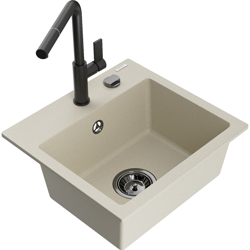 Mexen Milo granieten spoelbak met 1 kom en keukenkraan Flora, beige - 6505-69-670401-70-B