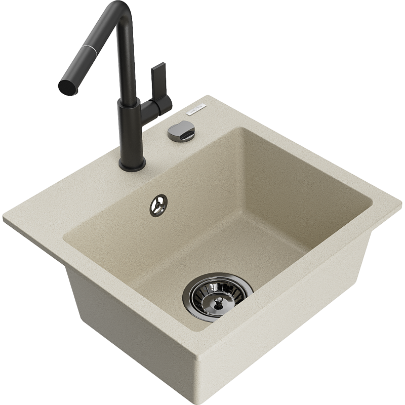 Mexen Milo single-bowl granite sink with Flora kitchen tap, beige - 6505-69-670401-70-B