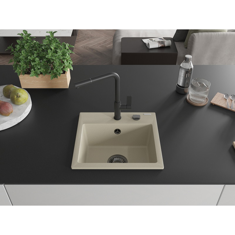 Mexen Milo fregadero de granito de 1 compartimiento con grifo de cocina Flora, beige - 6505-69-670401-70-B