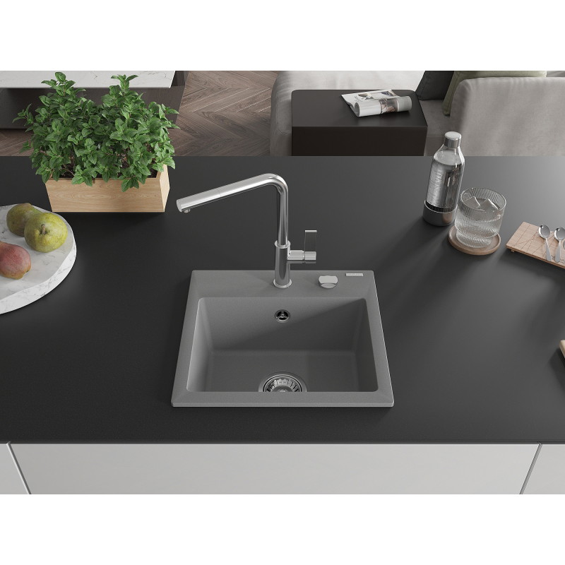 Mexen Milo évier en granit 1 bac avec robinet de cuisine Flora, gris - 6505-71-670401-00