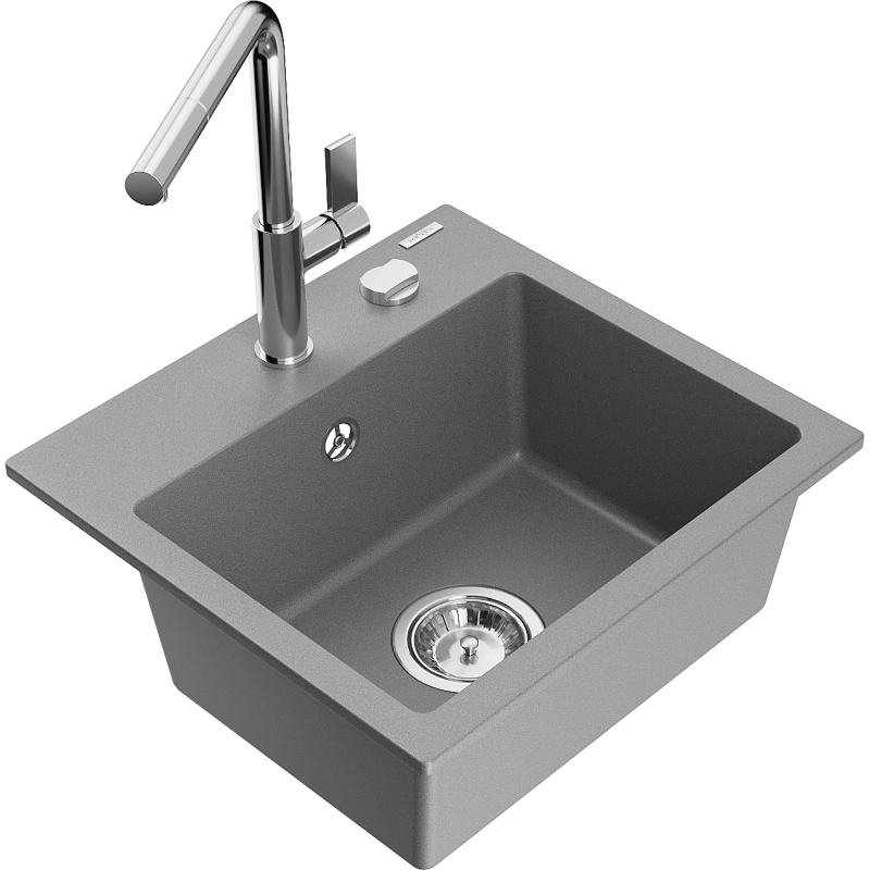 Mexen Milo fregadero de granito de 1 tazón con grifo de cocina Flora, gris - 6505-71-670401-00