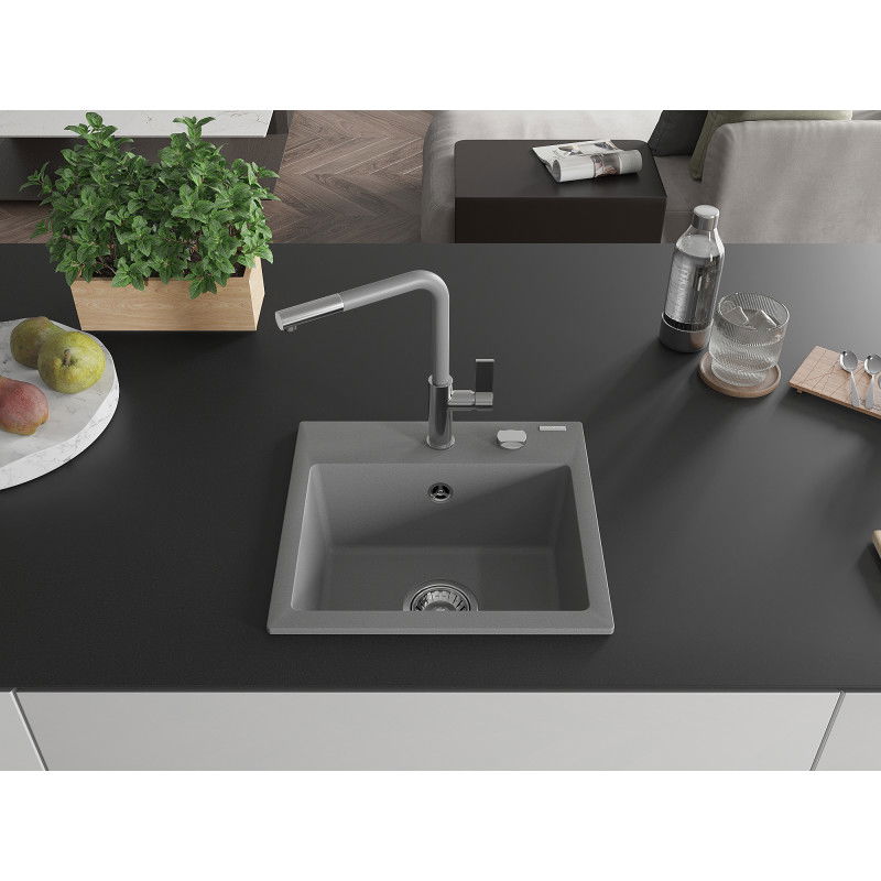 Mexen Milo 1-bowl Granite Sink with Flora Kitchen Tap, Grey - 6505-71-670401-06