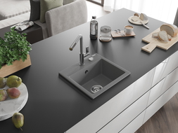 Mexen Milo lava-louça de granito de 1 cuba com torneira de cozinha Flora, cinza - 6505-71-670401-06