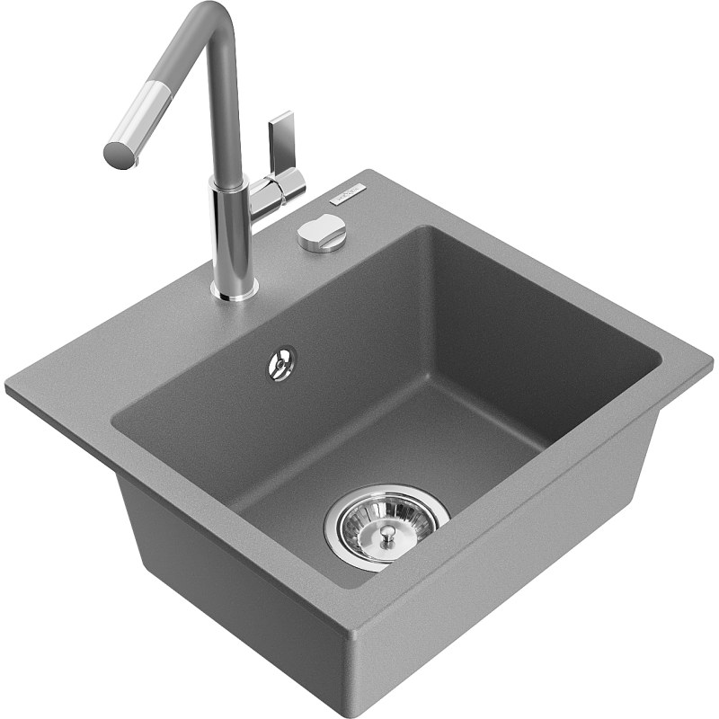 Mexen Milo 1-bowl Granite Sink with Flora Kitchen Tap, Grey - 6505-71-670401-06