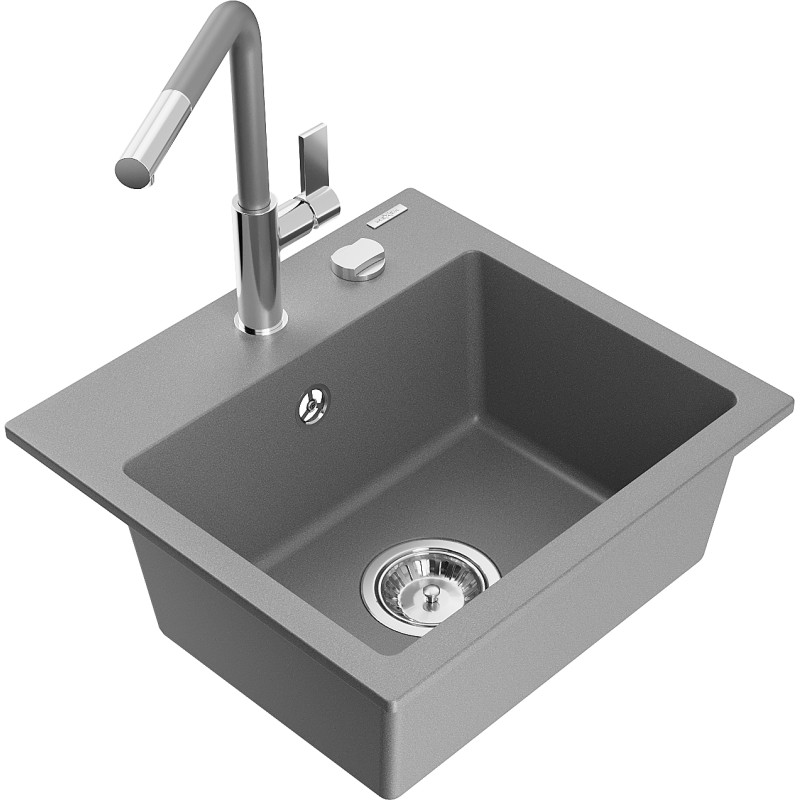 Mexen Milo évier en granit à 1 bac avec robinet de cuisine Flora, gris - 6505-71-670401-06