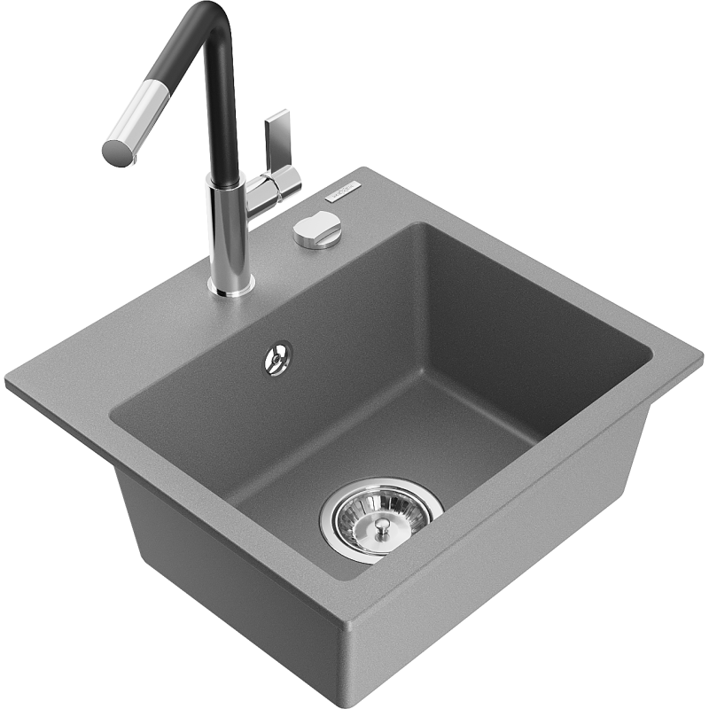Mexen Milo fregadero de granito de 1 cubeta con grifo de cocina Flora, gris - 6505-71-670401-07