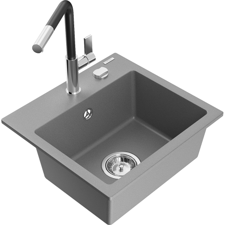 Mexen Milo 1-bowl granite sink with Flora kitchen tap, grey - 6505-71-670401-07