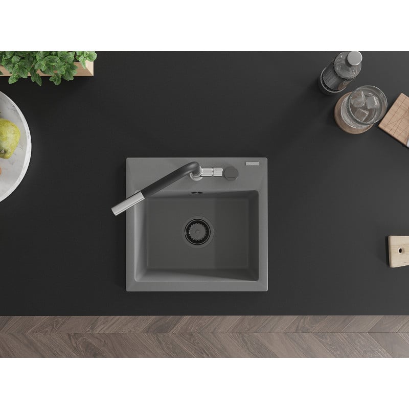 Mexen Milo fregadero de granito de 1 seno con grifo de cocina Flora, gris - 6505-71-670401-07-B