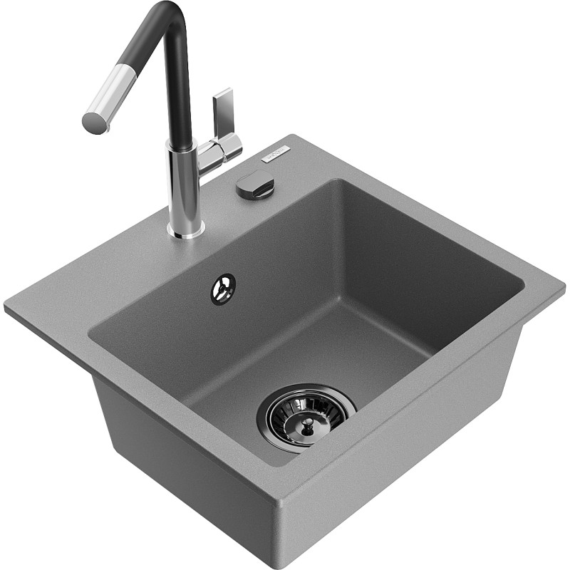 Mexen Milo évier en granit 1 bac avec mitigeur de cuisine Flora, gris - 6505-71-670401-07-B