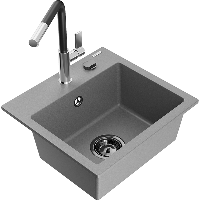 Mexen Milo fregadero de granito de 1 seno con grifo de cocina Flora, gris - 6505-71-670401-07-B