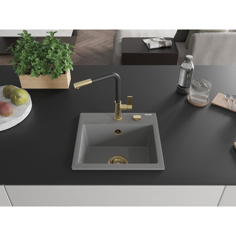 Mexen Milo fregadero de granito de 1 seno con grifo de cocina Flora, gris - 6505-71-670401-57-G