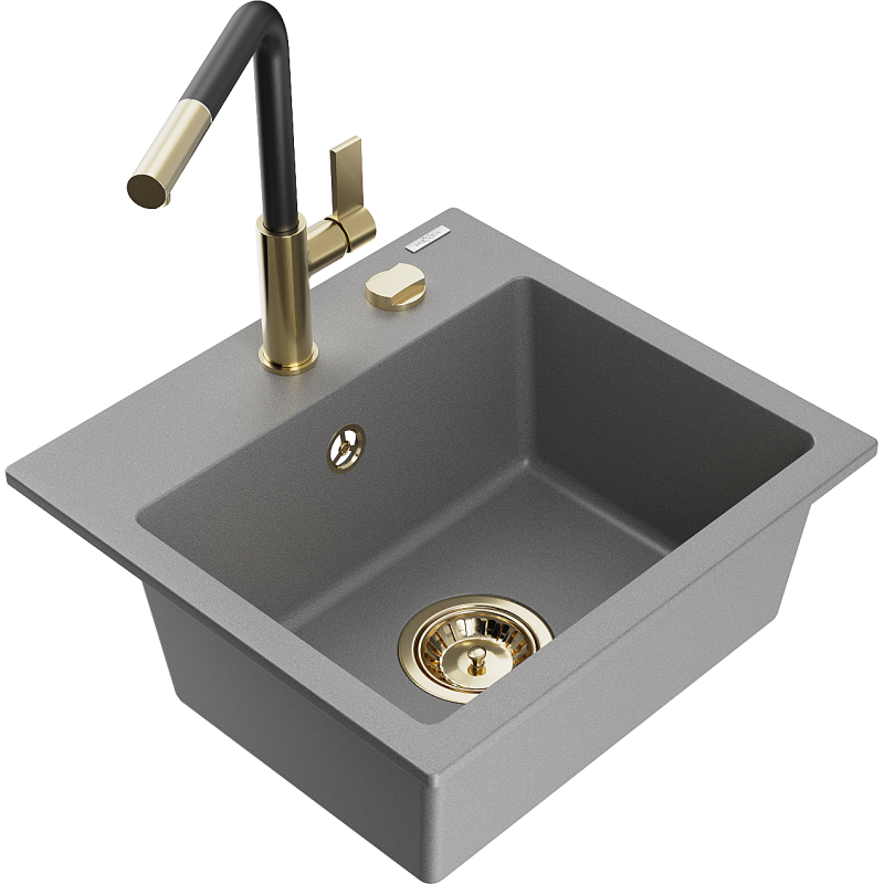 Mexen Milo fregadero de granito de 1 cubeta con grifo de cocina Flora, gris - 6505-71-670401-57-G