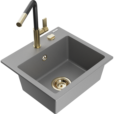 Mexen Milo 1-bowl granite kitchen sink with Flora tap, grey - 6505-71-670401-57-G