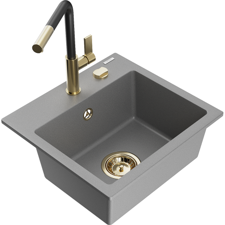 Mexen Milo évier en granit 1 bac avec robinet de cuisine Flora, gris - 6505-71-670401-57-G