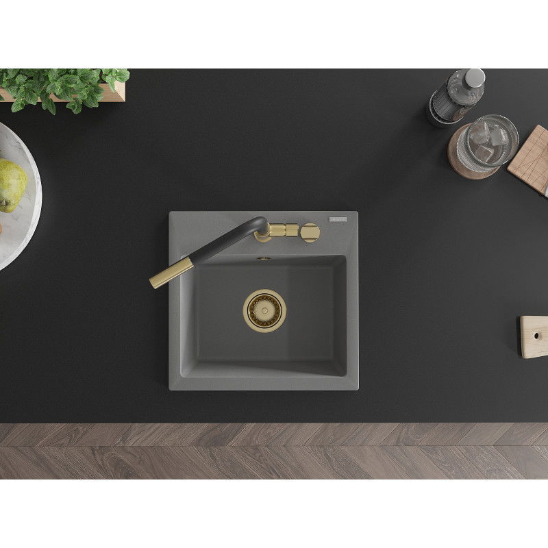 Mexen Milo fregadero de granito de 1 cubeta con grifo de cocina Flora, gris - 6505-71-670401-57-G