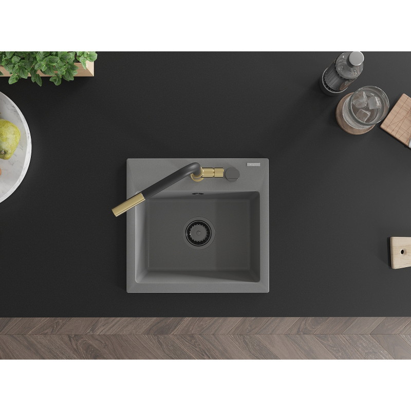 Mexen Milo fregadero de granito de 1 compartimento con grifo de cocina Flora, gris - 6505-71-670401-57-B