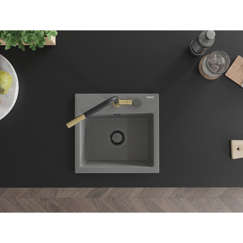 Mexen Milo lava-loiça de granito de 1 cuba com torneira de cozinha Flora, cinzento - 6505-71-670401-57-B