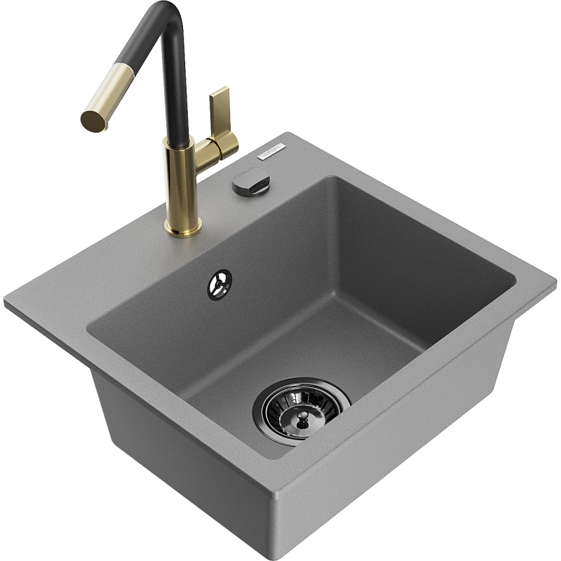 Mexen Milo fregadero de granito de 1 seno con grifo de cocina Flora, gris - 6505-71-670401-57-B
