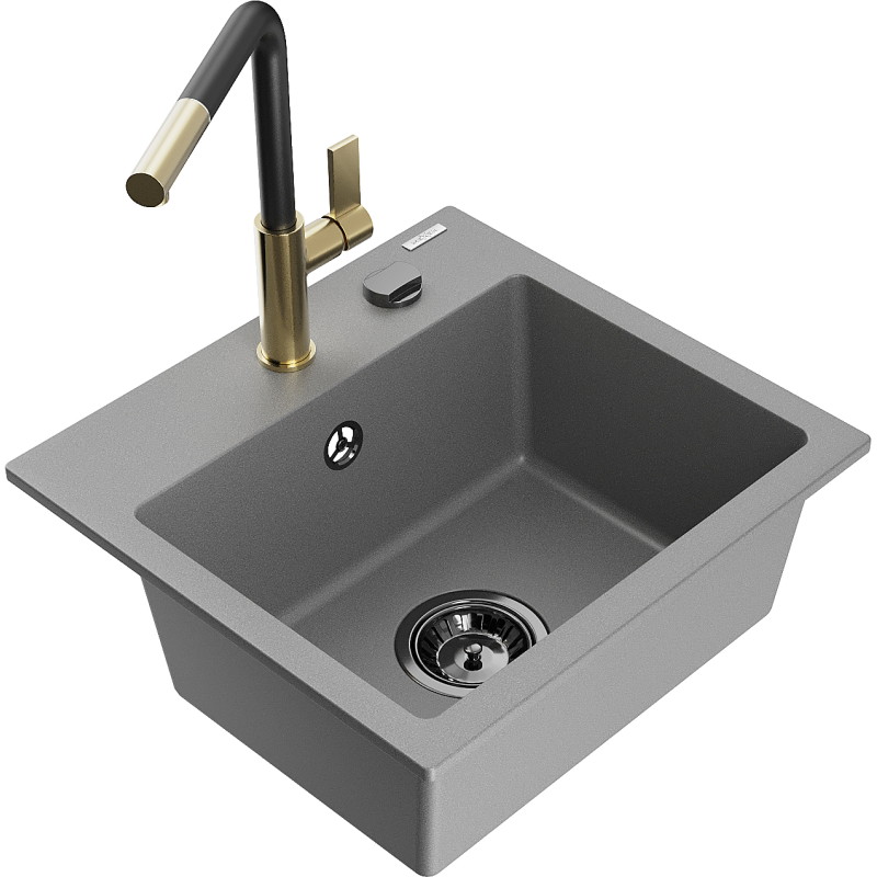 Mexen Milo granit spoelbak 1-kamer met keukenmengkraan Flora, grijs - 6505-71-670401-57-B