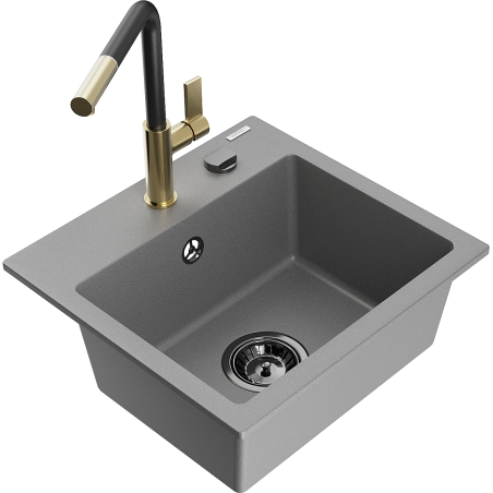Mexen Milo lava-loiça de granito de 1 cuba com torneira de cozinha Flora, cinzento - 6505-71-670401-57-B