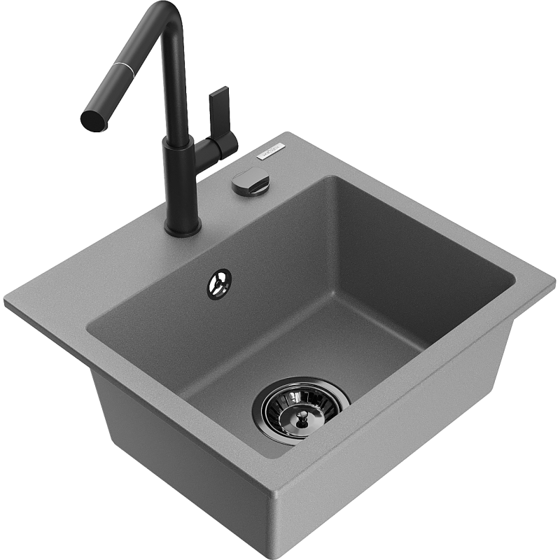 Mexen Milo lavello da cucina in granito 1-vasca con miscelatore cucina Flora, grigio - 6505-71-670401-70-B