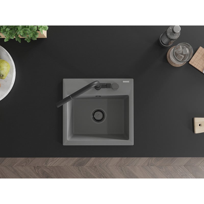 Mexen Milo fregadero de granito de 1 cubeta con grifo de cocina Flora, gris - 6505-71-670401-70-B