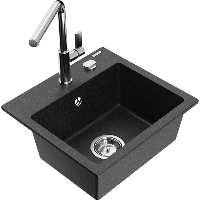 Mexen Milo évier en granit 1 bac avec robinet de cuisine Flora, noir/argent métallisé - 6505-73-670401-00