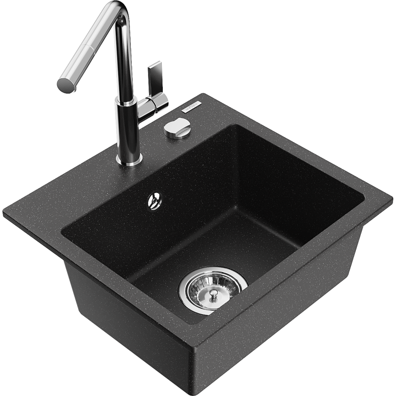 Mexen Milo granitisk diskbänk 1-fack med köksblandare Flora, svart/silver metallic - 6505-73-670401-00