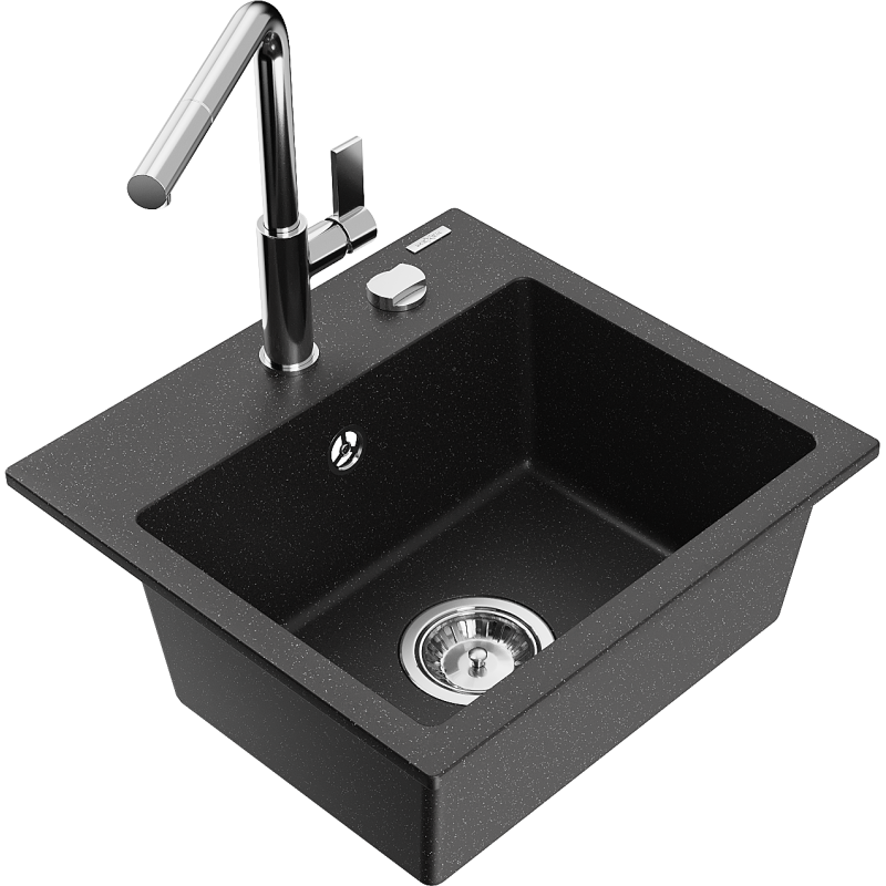 Mexen Milo lavello in granito a 1 vasca con rubinetto da cucina Flora, nero/argento metallizzato - 6505-73-670401-00