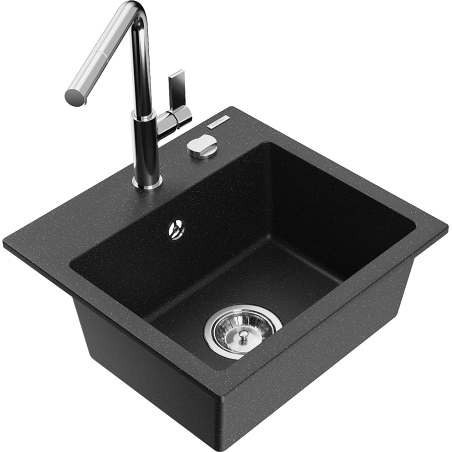 Mexen Milo granieten gootsteen 1-komor met keukenmengkraan Flora, zwart/zilver metallic - 6505-73-670401-00