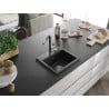 Mexen Milo granite sink single-bowl with Flora kitchen tap, black/silver metallic - 6505-73-670401-07