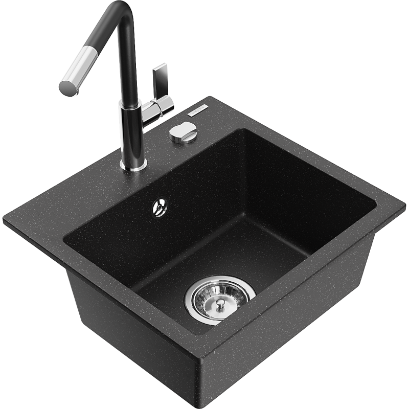 Mexen Milo granieten spoelbak 1-compartiment met keukenkraan Flora, zwart/zilver metallic - 6505-73-670401-07