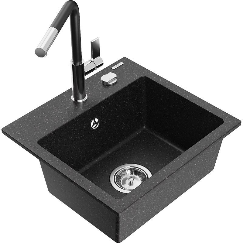 Mexen Milo granite sink single-bowl with Flora kitchen tap, black/silver metallic - 6505-73-670401-07