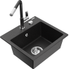 Mexen Milo granite sink single-bowl with Flora kitchen tap, black/silver metallic - 6505-73-670401-07