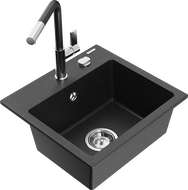 Mexen Milo lava-louças de granito de 1 cuba com torneira de cozinha Flora, preto/prateado metálico - 6505-73-670401-07