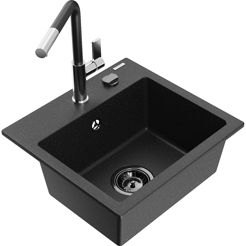 Mexen Milo évier en granit 1 bac avec robinet de cuisine Flora, noir/métallisé argent - 6505-73-670401-07-B