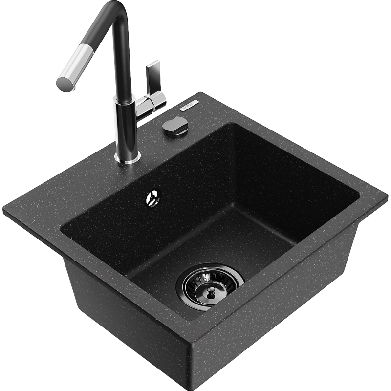 Mexen Milo granitdiskbänk med 1 fack med köksblandare Flora, svart/silvermetallic - 6505-73-670401-07-B