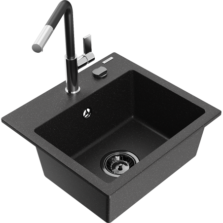 Mexen Milo évier en granit 1 bac avec robinet de cuisine Flora, noir/métallisé argent - 6505-73-670401-07-B