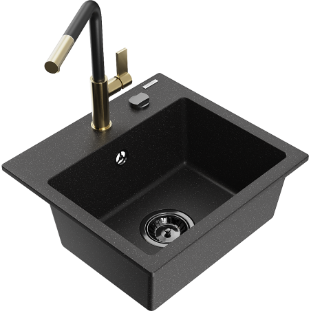 Mexen Milo fregadero de granito de 1 cubeta con grifo de cocina Flora, negro/metálico plateado - 6505-73-670401-57-B