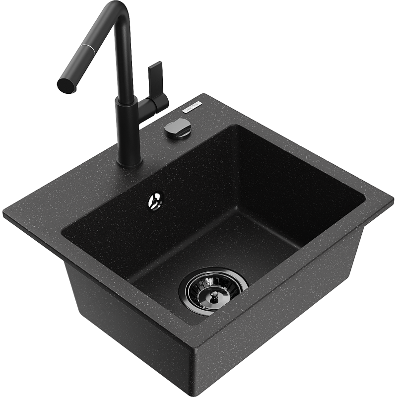 Mexen Milo lavello in granito a 1 vasca con rubinetto da cucina Flora, nero/argento metallizzato - 6505-73-670401-70-B