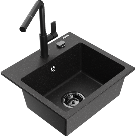 Mexen Milo granite single-bowl sink with Flora kitchen faucet, black/silver metallic - 6505-73-670401-70-B