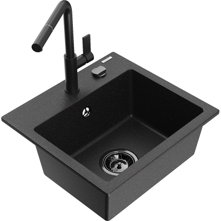 Mexen Milo Granitspüle 1-Becken mit Küchenarmatur Flora, schwarz/silber Metallic - 6505-73-670401-70-B