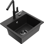 Mexen Milo lava-loiça de granito com 1 cuba com torneira de cozinha Flora, preto/metálico prateado - 6505-73-670401-70-B