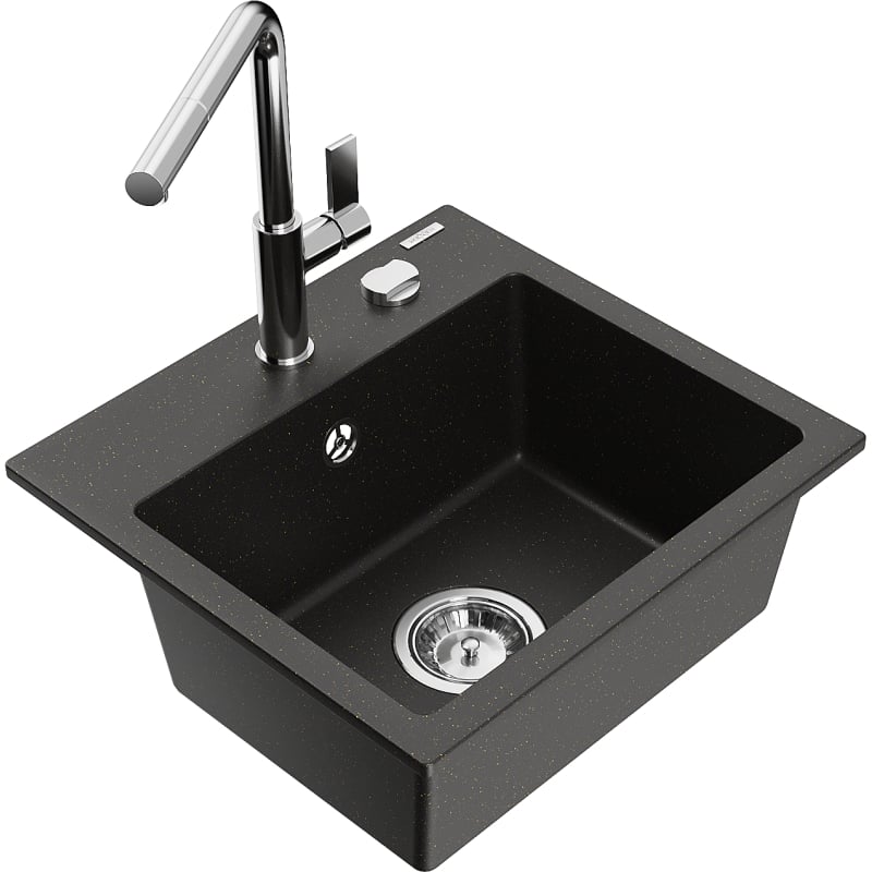 Mexen Milo 1-bowl granite sink with Flora kitchen faucet, black/gold metallic - 6505-75-670401-00