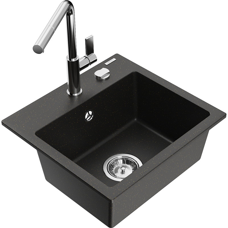 Mexen Milo fregadero de granito de 1 cuenco con grifo de cocina Flora, negro/dorado metálico - 6505-75-670401-00