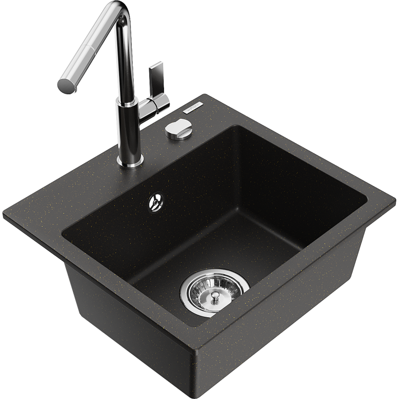 Mexen Milo fregadero de granito de 1 seno con grifo de cocina Flora, negro/dorado metálico - 6505-75-670401-00