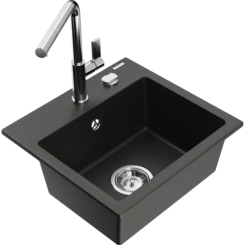 Mexen Milo Granitspüle 1-Becken mit Küchenarmatur Flora, schwarz/gold metallic - 6505-75-670401-00