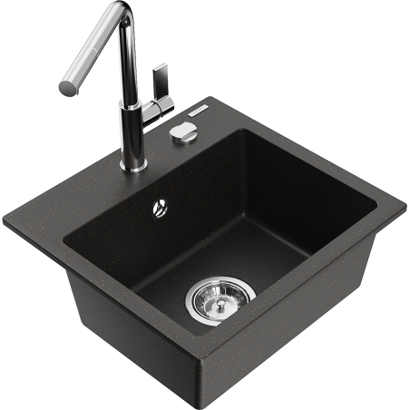 Mexen Milo fregadero de granito de 1 cubeta con grifo de cocina Flora, negro/metalizado dorado - 6505-75-670401-00