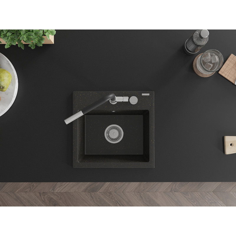 Mexen Milo lavello in granito con 1 vasca e miscelatore da cucina Flora, nero/oro metallizzato - 6505-75-670401-07